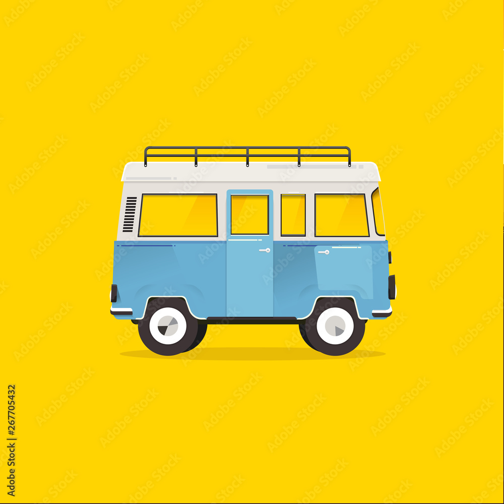 Van with on top of the roof on yellow background. Vector. Illustrator