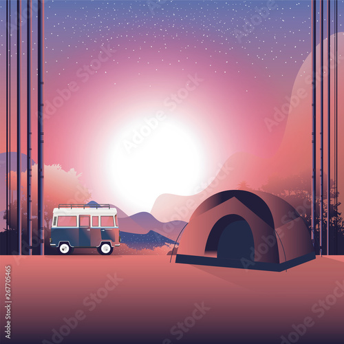 road trip. moon Night. camping, outdoor recreation, adventures in nature concept. Vector. Illustrator