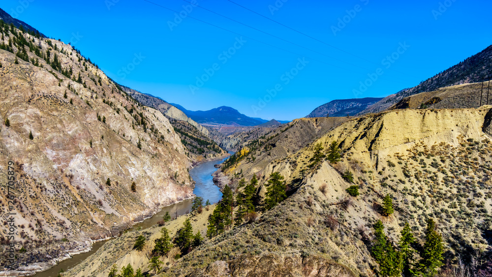 View of the Fraser River along Highway 99, from the area called the 10 mile slide or Fountain Slide, as the river flows to the town of Lillooet in the Chilcotin region on British Columbia, Canada