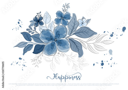Hand drawn beautiful blue flowers blossom with black line