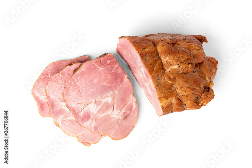 Smoked pork meat isolated on white background. 