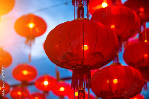 Chinese new year lanterns in china town, characters are generic grettings © wong yu liang