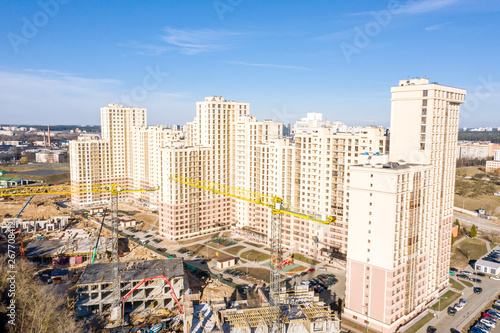construction of new city apartment buildings. aerial panoramic view of building site