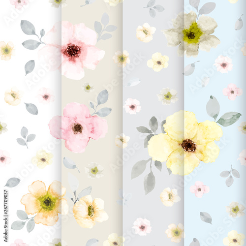 Set 4 of cute flower watercolor seamless pattern collection