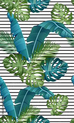 Seamless pattern with tropical leaves: palms, monstera, banana leaves, jungle leaf seamless vector pattern striped background. Swimwear botanical design. Vector. - Vector