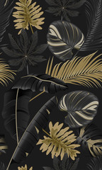 Handdoek met foto Zwart goud patronen Luxe tropische bladeren donker patroon  © JANNTA