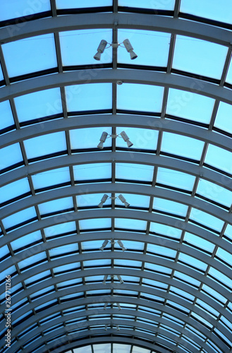 Perspective Glass roof skylight of long building Metalic glass roof of long building.