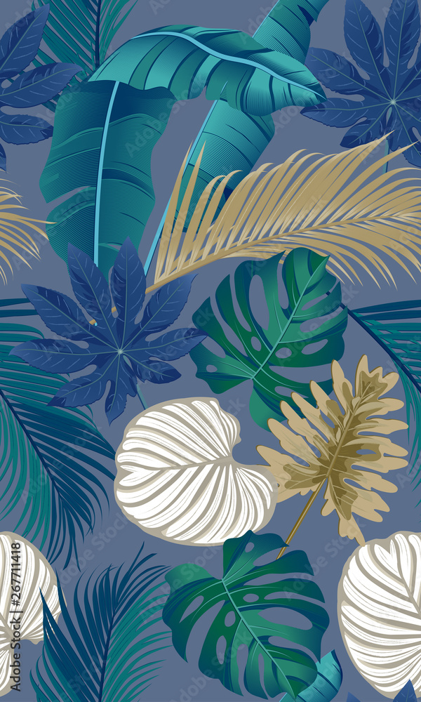 Luxury seamless pattern with tropical leaves on dark blue background Luxury seamless pattern with tropical leaves on dark blue background