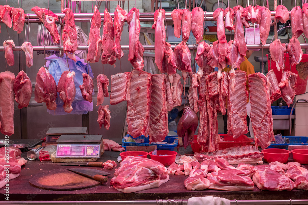 Fresh Pork and Meat on Butcher shop at Wan Chi Market in Hong Kong Island