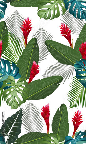Seamless pattern tropical leaves with ginger flower on white background