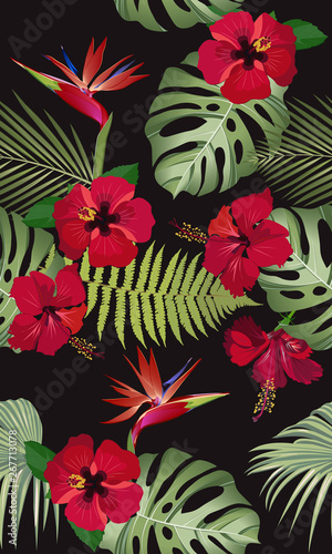 Seamless pattern tropical leaves with red hibiscus flower and bird of paradise on black background © JANNTA