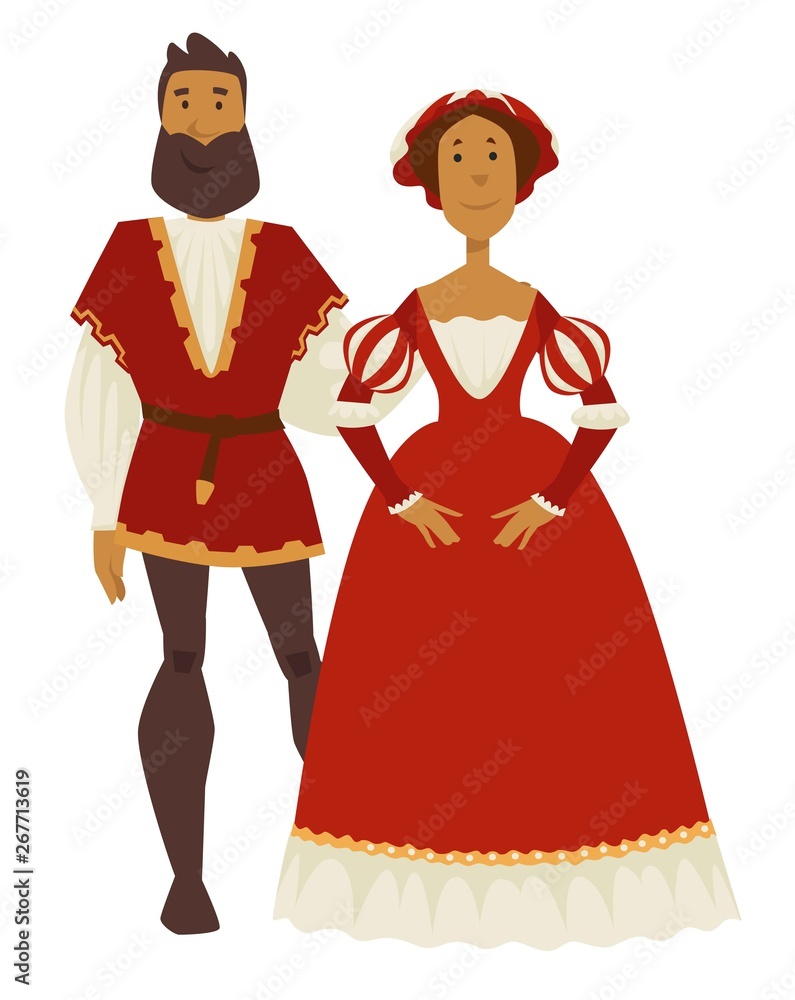 Renaissance style couple man and woman ball gown and leggings