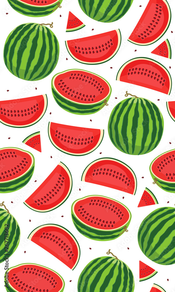 Seamless pattern with watermelons, slice of watermelon on white background, Tropical fruit pattern, Summer texture. Seamless pattern with watermelons, slice of watermelon on white background, Tropical fruit pattern, Summer texture.