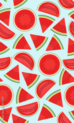 Seamless pattern with watermelons, slice of watermelon on blue background, Tropical fruit pattern, Summer texture.
