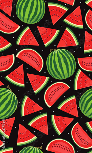 Seamless pattern with watermelons, slice of watermelon on black background, Tropical fruit pattern, Summer texture.