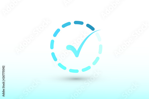 A blue color tick mark or sign inside dashed circle vector illustration on white background to show correct answer and approval