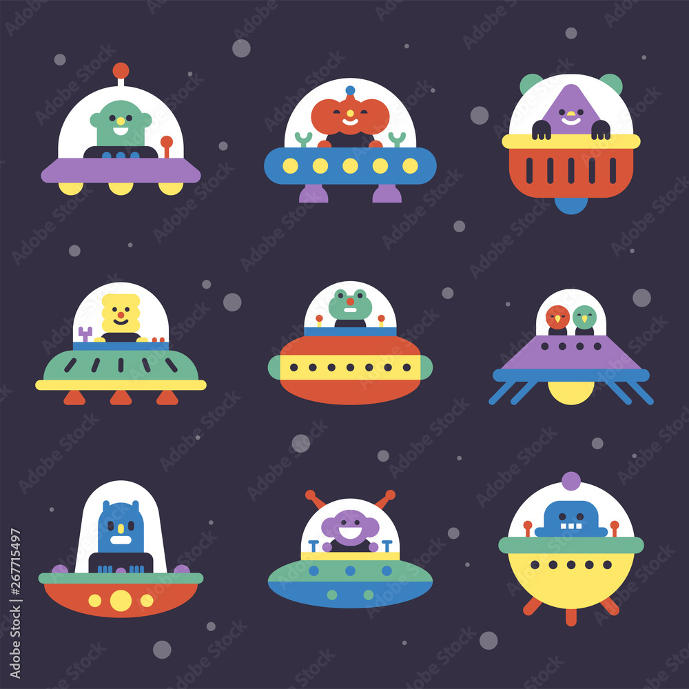 Naklejka premium Various facial aliens and ufo. flat design style minimal vector illustration