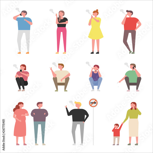 Character set to smoke. flat design style minimal vector illustration
