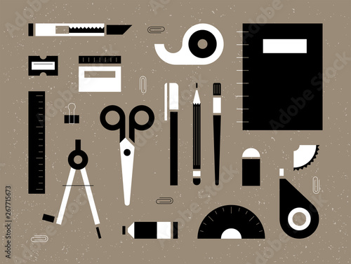 List black and white office supplies school supplies objects. flat design style minimal vector illustration
