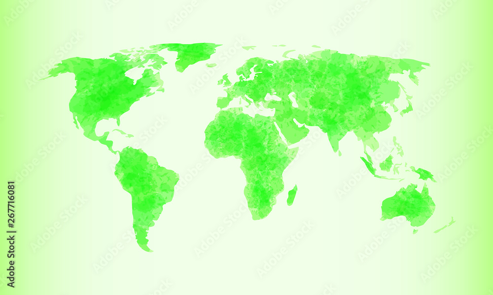 Green watercolor world map vector illustration with different continents of the globe in light background