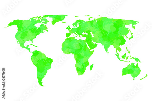 Watercolor world map vector in green color illustration with different continents of the globe in white background