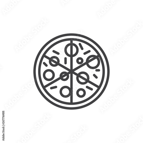 Whole pizza top view line icon. linear style sign for mobile concept and web design. Sliced pizza outline vector icon. Italian food symbol, logo illustration. Pixel perfect vector graphics