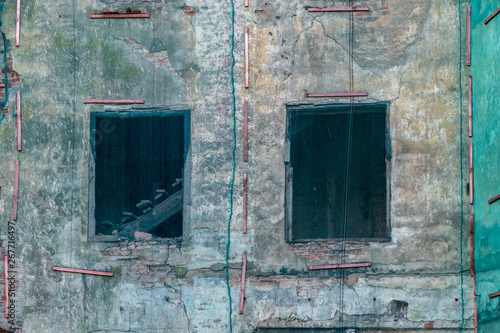 architecture details of old abandoned buildings in city center of Riga. Latvia