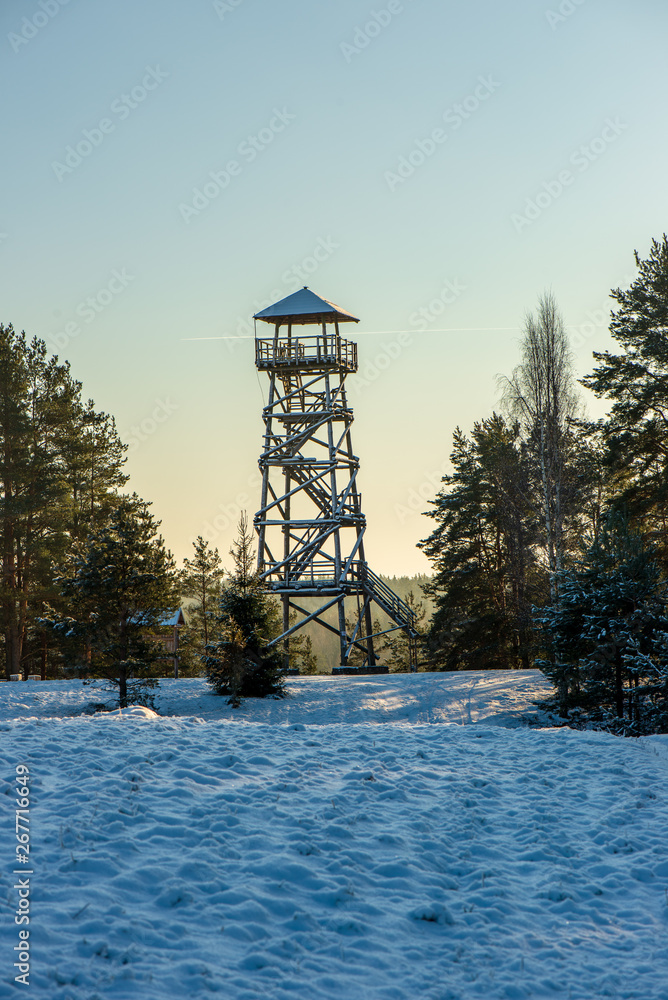 details of moder wooden and metal watchtower in forest details of moder wooden and metal watchtower in forest