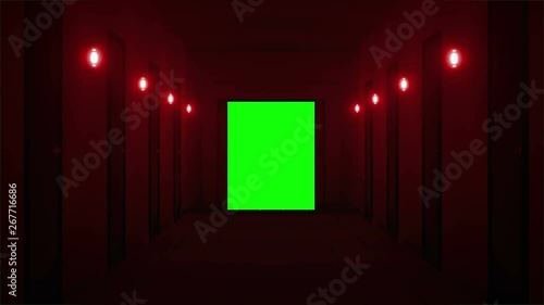 Corridor with red lights. 3d rendered animation of abstract red corridor and green screen background.