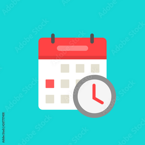 Calendar with clock icon vector symbol isolated, flat cartoon schedule or agenda concept, idea of event in organizer clipart
