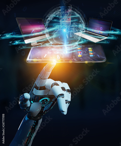Modern devices connected in robot hand 3D rendering