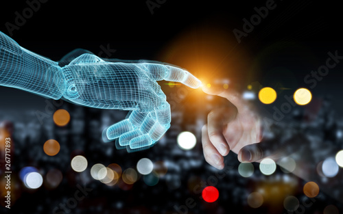 Wireframed Robot hand making contact with human hand on dark 3D rendering