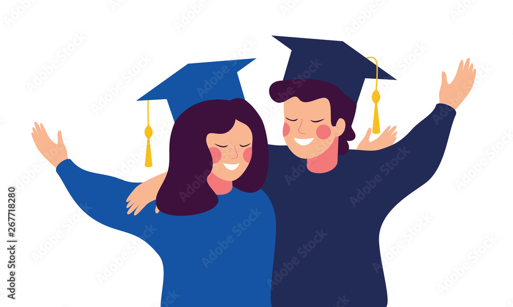 Happy graduates wearing gown and cap embrace each other. Education, graduation and people concept Happy graduates wearing gown and cap embrace each other. Education, graduation and people concept