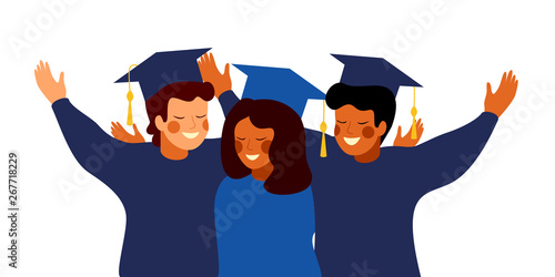 Happy graduates wearing gown and cap embrace each other. Education, graduation and people concept