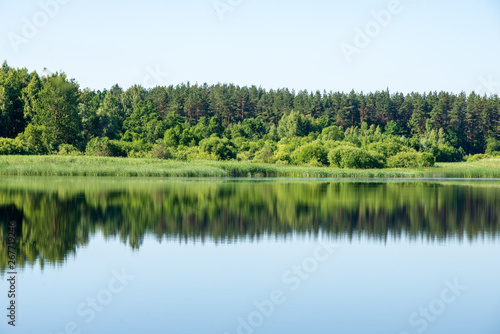 Fototapeta Naklejka Na Ścianę i Meble -  reflections of shore trees in the calm water of a lake