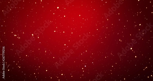 Golden confetti and stars on the red Christmas background. 3D render