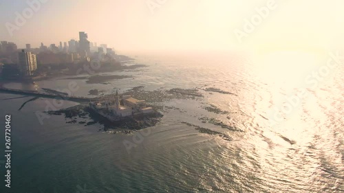 Mumbai, India, Haji Ali Dargah mosque 4k aerial drone footage sunset time photo