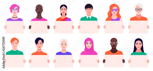Collection of different men and women holding clean placards. Young and old peoples cartoon characters demonstrating empty banners. Vector flat illustration