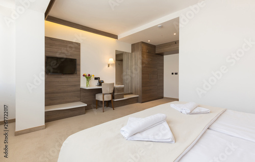 Interior of a modern double bed hotel bedroom © rilueda