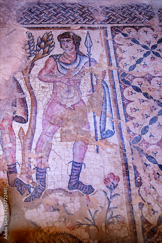 Fragment of an ancient floor mosaic in Zippori National Park, Israel. Ancient city Zippori with ruins and mosaics is a famous tourist spot