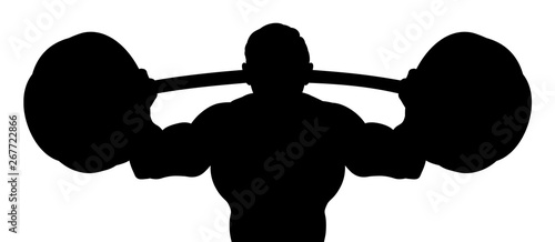 A man in silhouette weight lifter body builder sports mascot lifting a big barbell