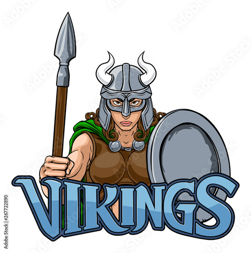 Viking female warrior woman sports team mascot cartoon character