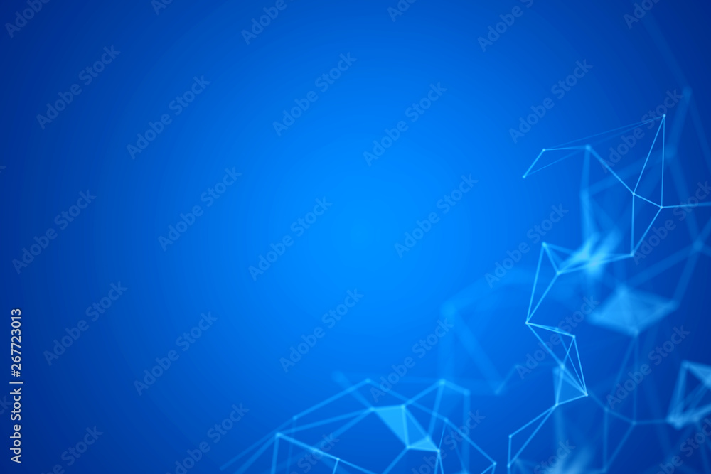 Abstract plexus with connected lines and dots. Digital visualization on blue background.. Mock Up. 3d rendering