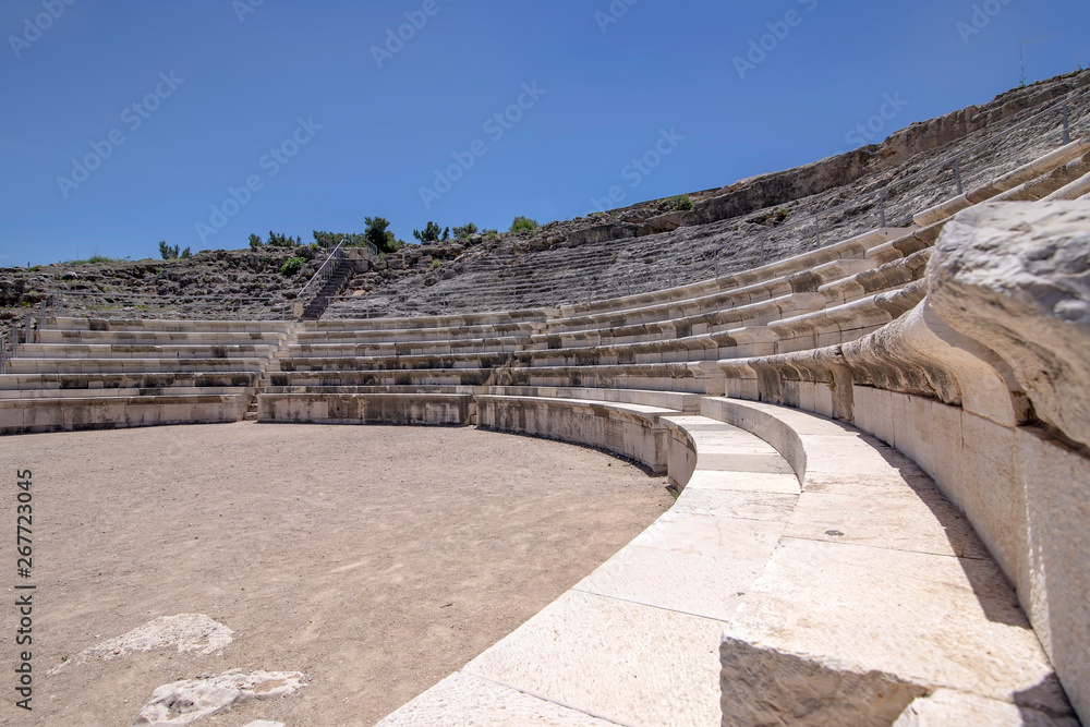 View of the ancient amphitheater in the historic city of Zipory, National Park, Israel. Tourism and travel