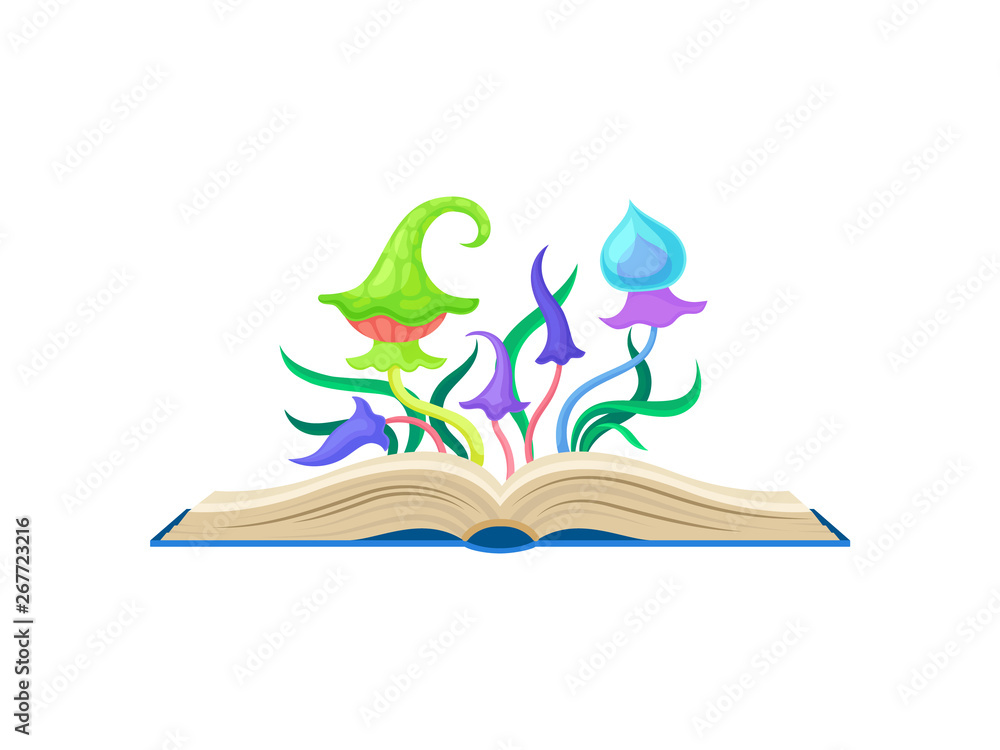 Fabulous toadstools with purple and green hats on yellow and pink legs. Vector illustration on white background.
