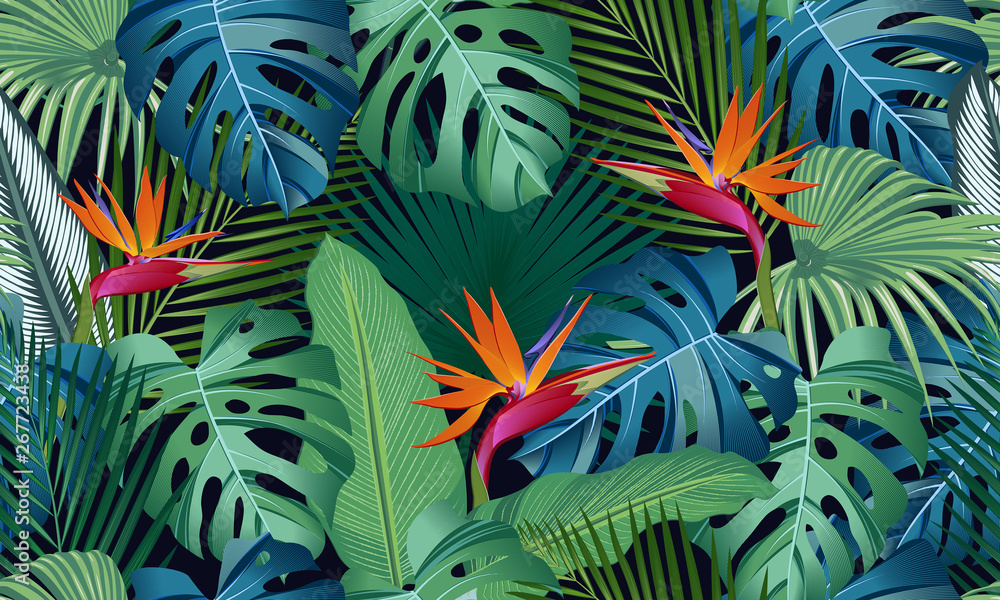 Seamless pattern tropical leaves with bird of paradise on black background - obrazy, fototapety, plakaty 