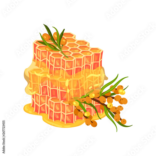 Multilayer honeycomb. Honey flows around the edges. Vector illustration on white background.