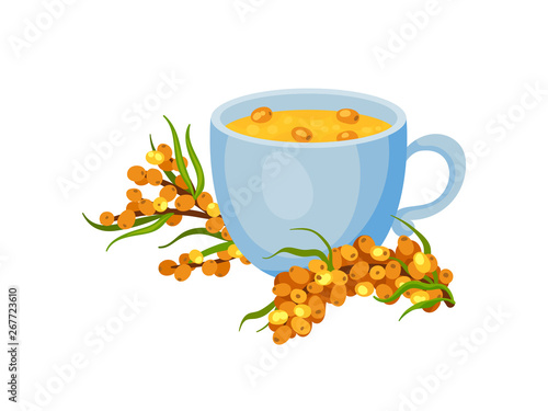 Ceramic mug of tea from sea buckthorn. Vector illustration on white background.