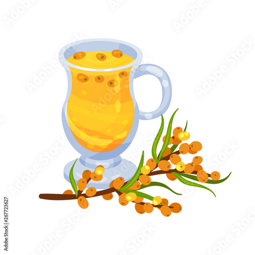 High glass mug of sea buckthorn tea. Vector illustration on white background.