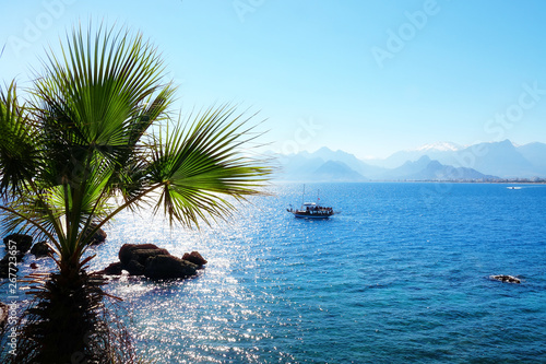 Fototapeta Naklejka Na Ścianę i Meble -  Mediterranean seascape image with palm tree and sailing boat over sunny blue sky